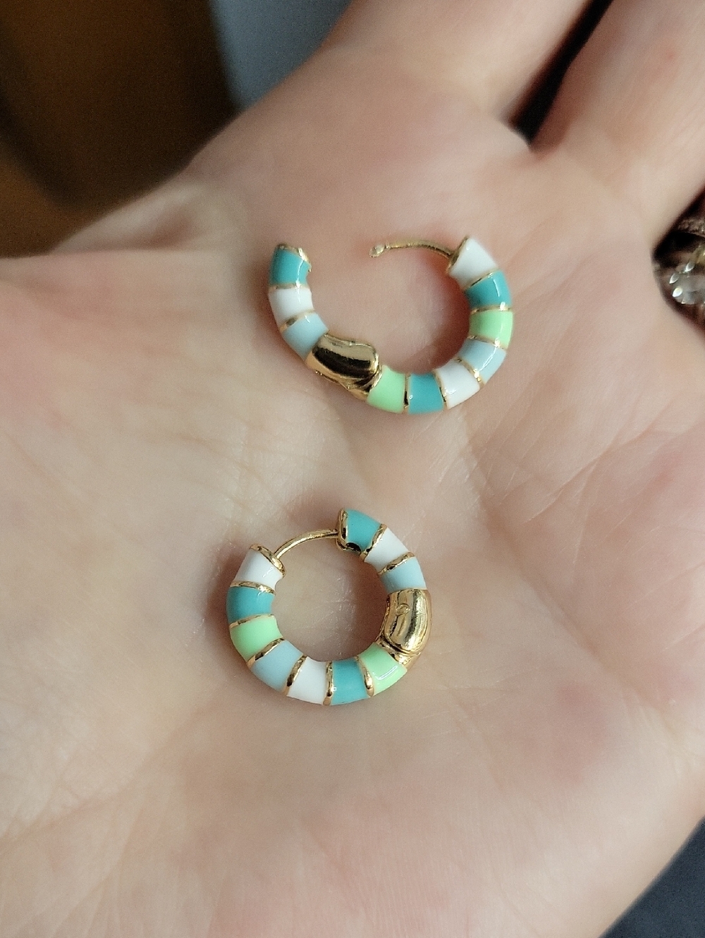 π₯LAST PAIRπ₯ Gold Huggie Hoop Earrings with Turquoise, Mint and White Enamel - Picture 6 of 6